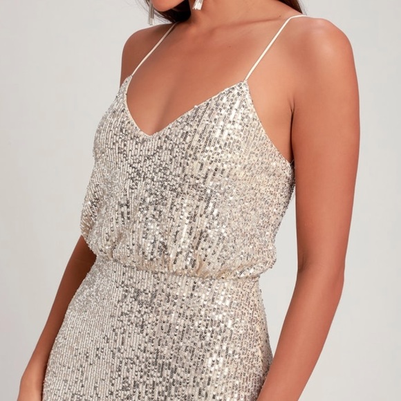 Lulu's Dresses | Lulus Silver Sequin Maxi Dress Gown Nwt M | Poshmark
